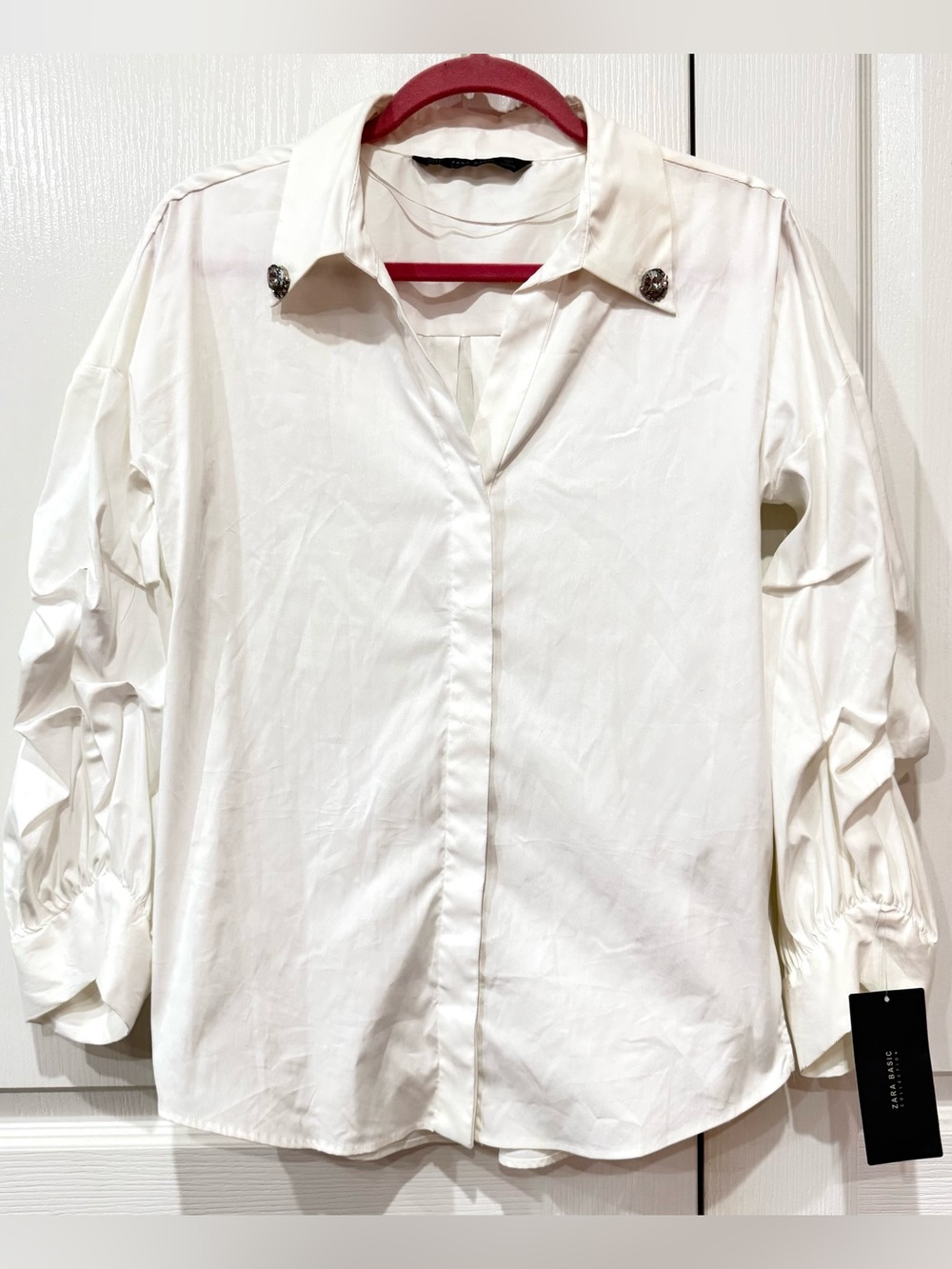 Zara White Button-Down Shirt with Ruched Sleeves